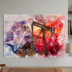 Texas Pumpjack Watercolor with Texas Flag Art Poster