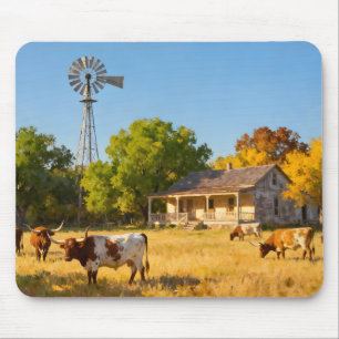 Texas Ranch House in Fall with Longhorns Mouse Pad