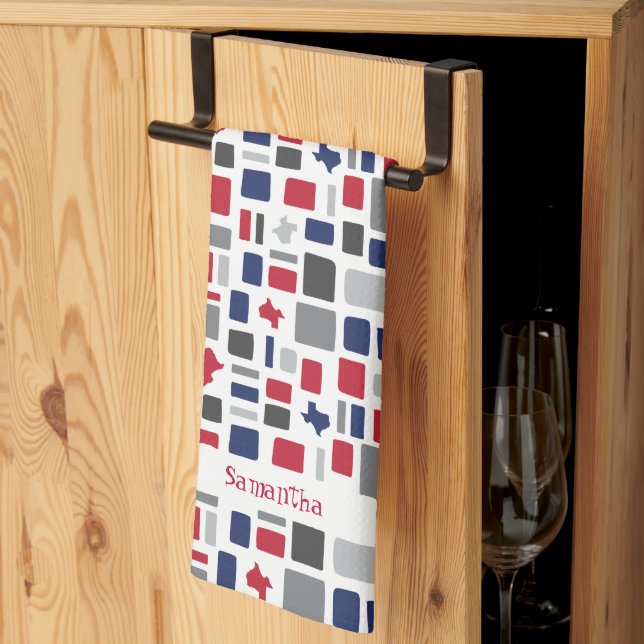 Texas Red & Blue Wonky Squares & Rectangles Tea Towel (Thirds Fold)