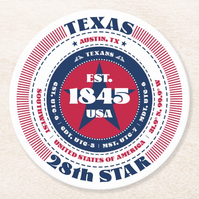 Texas Red White Blue Typography Round Paper Coaster (Front)