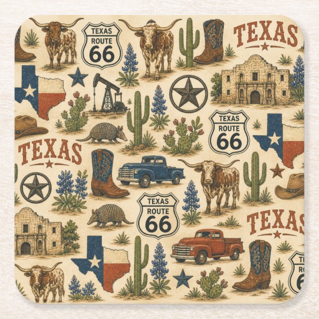 Texas Route 66 Ranch Sips Square Paper Coaster (Front)