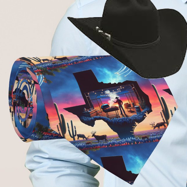Texas Shape BBQ Pit Cowboy Deer Sunset Tie (Beautiful Texas Scene with a cowboy cooking on the grill with a sunset background.)