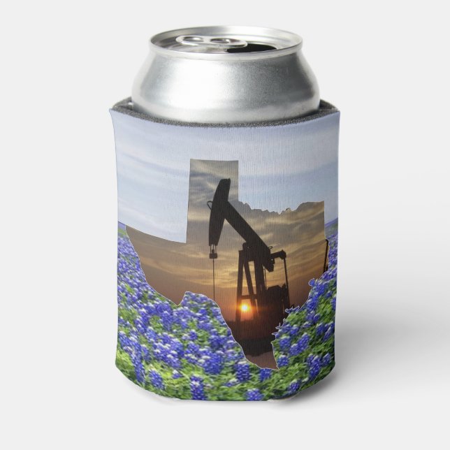 Texas Shape Oil Pump Jack At Sunset Bluebonnets Can Cooler (Can Back)
