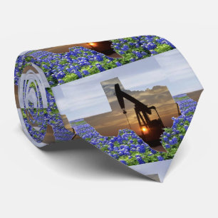 Texas Shape With Oil Pump Jack And Bluebonnets Tie