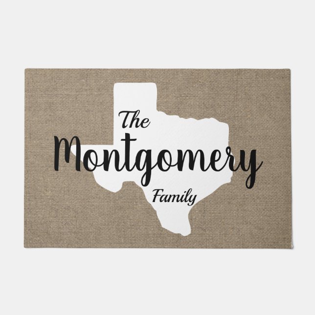 Texas Silhouette & Faux Burlap Hand Lettering Doormat (Front)