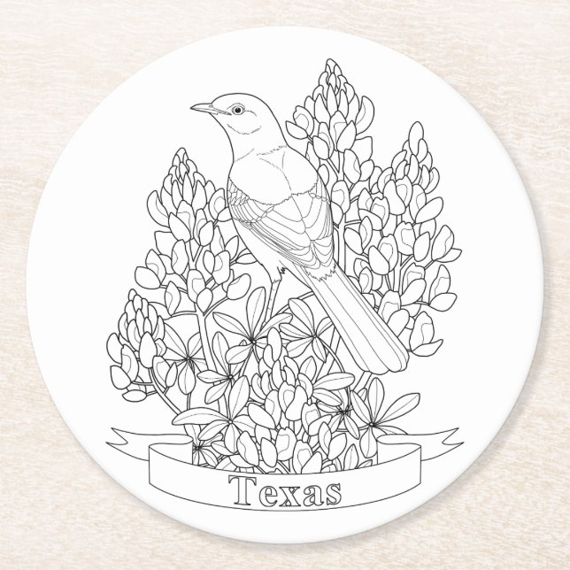 Texas State Bird & Flower Colouring Page Round Paper Coaster (Front)
