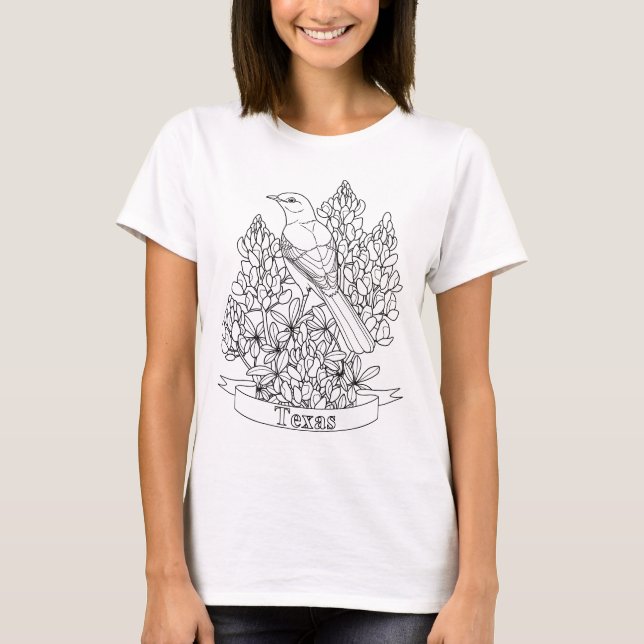 Texas State Bird & Flower Colouring Page T-Shirt (Front)