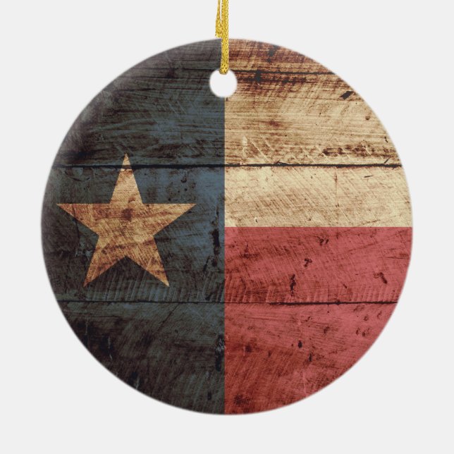 Texas State Flag on Old Wood Grain Ceramic Ornament (Back)