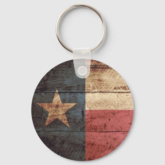 Texas State Flag on Old Wood Grain Key Ring (Front)