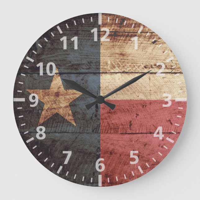 Texas State Flag on Old Wood Grain Large Clock (Front)