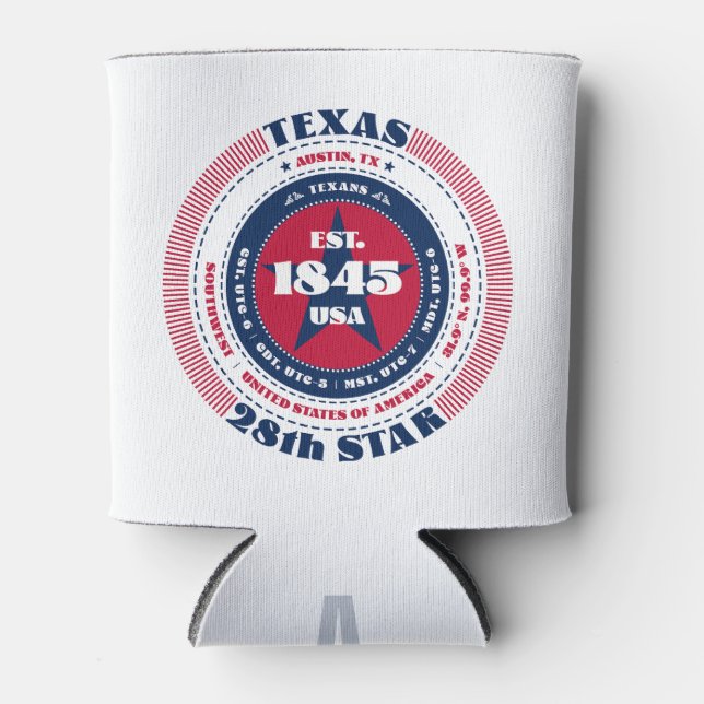 Texas State History and Monogram Patriotic Can Cooler (Front)