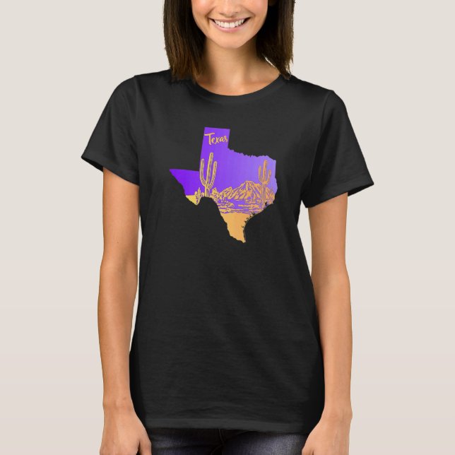 Texas State Map Desert Landscape Cacti Hand Drawn T-Shirt (Front)