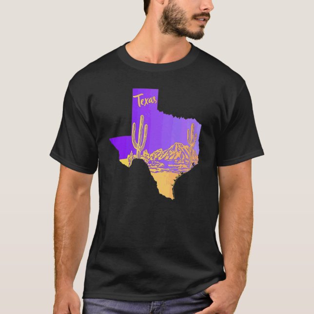 Texas State Map Desert Landscape Cacti Hand Drawn T-Shirt (Front)