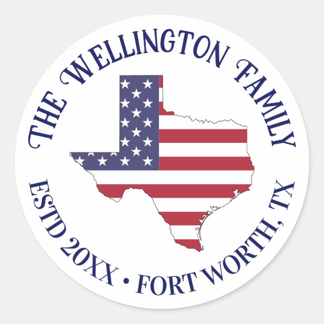 Texas State Map Stars Stripes Family Name Date Loc Classic Round Sticker (Front)