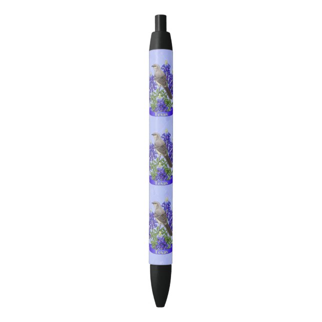 Texas State Mockingbird & Bluebonnet Flower Black Ink Pen (Front Vertical)