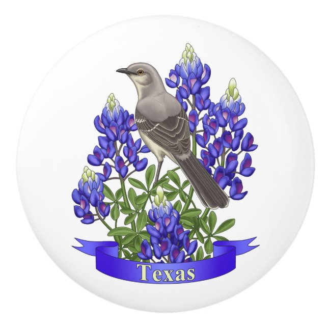 Texas State Mockingbird & Bluebonnet Flower Ceramic Knob (Front)
