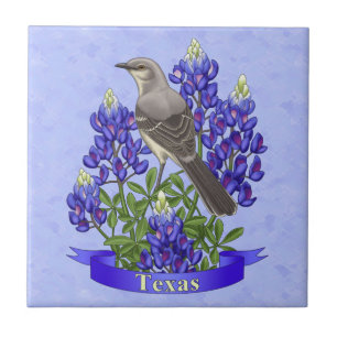 Texas State Mockingbird & Bluebonnet Flower Ceramic Tile