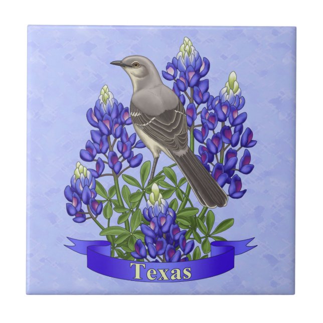 Texas State Mockingbird & Bluebonnet Flower Ceramic Tile (Front)