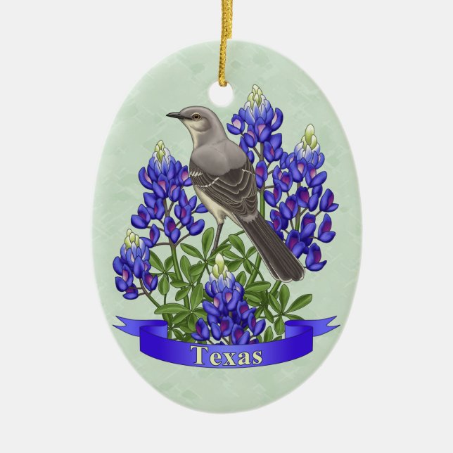 Texas State Mockingbird & Bluebonnet Flower Ceramic Tree Decoration (Front)