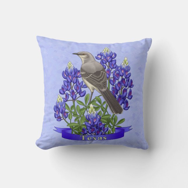 Texas State Mockingbird & Bluebonnet Flower Cushion (Front)