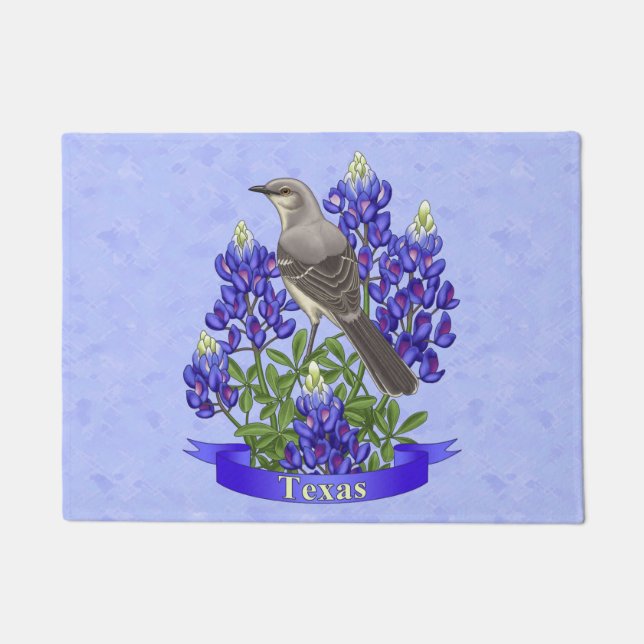 Texas State Mockingbird & Bluebonnet Flower Doormat (Front)