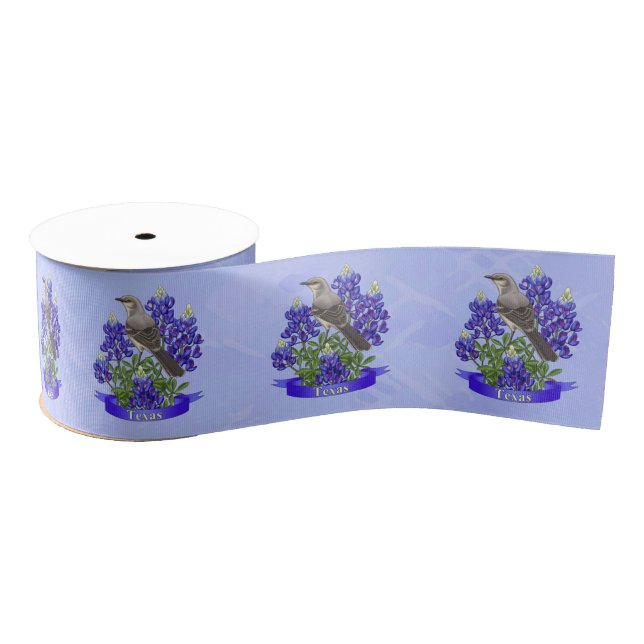 Texas State Mockingbird & Bluebonnet Flower Grosgrain Ribbon (Spool)