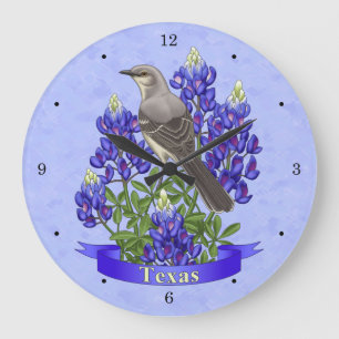 Texas State Mockingbird & Bluebonnet Flower Large Clock