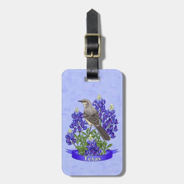 Texas State Mockingbird & Bluebonnet Flower Luggage Tag (Front Vertical)