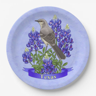 Texas State Mockingbird & Bluebonnet Flower Paper Plate
