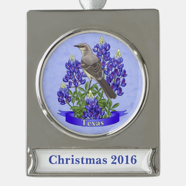 Texas State Mockingbird & Bluebonnet Flower Silver Plated Banner Ornament (Front)