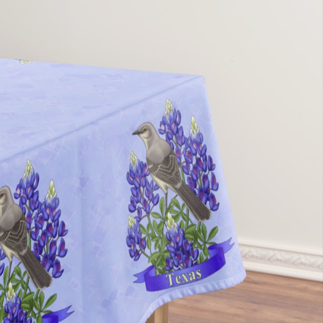 Texas State Mockingbird & Bluebonnet Flower Tablecloth (In Situ)