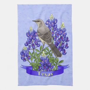 Texas State Mockingbird & Bluebonnet Flower Tea Towel