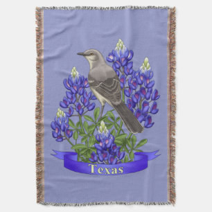 Texas State Mockingbird & Bluebonnet Flower Throw Blanket