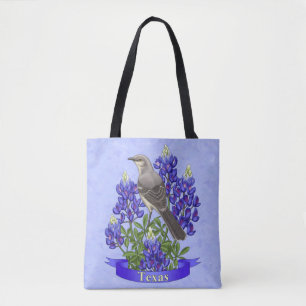 Texas State Mockingbird & Bluebonnet Flower Tote Bag