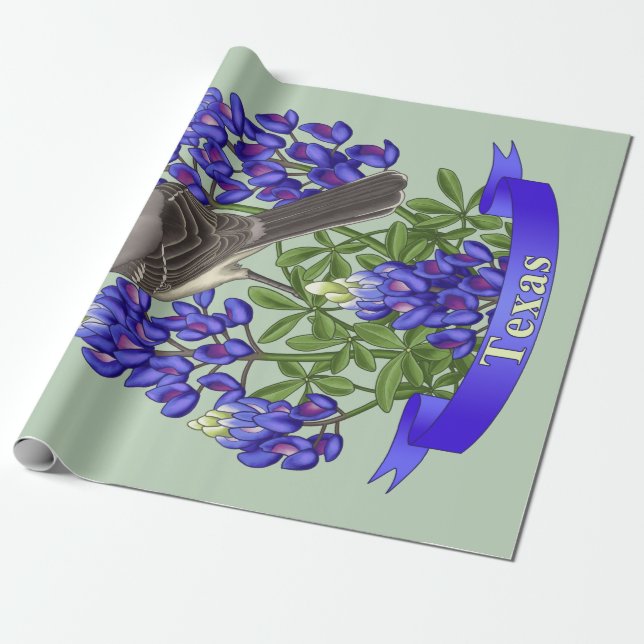 Texas State Mockingbird & Bluebonnet Flower Wrapping Paper (Unrolled)