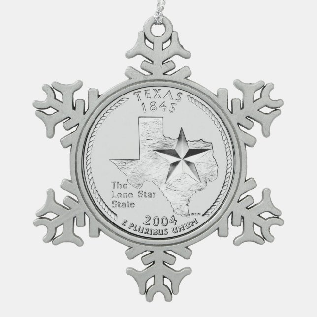 Texas State Quarter Snowflake Pewter Christmas Ornament (Front)
