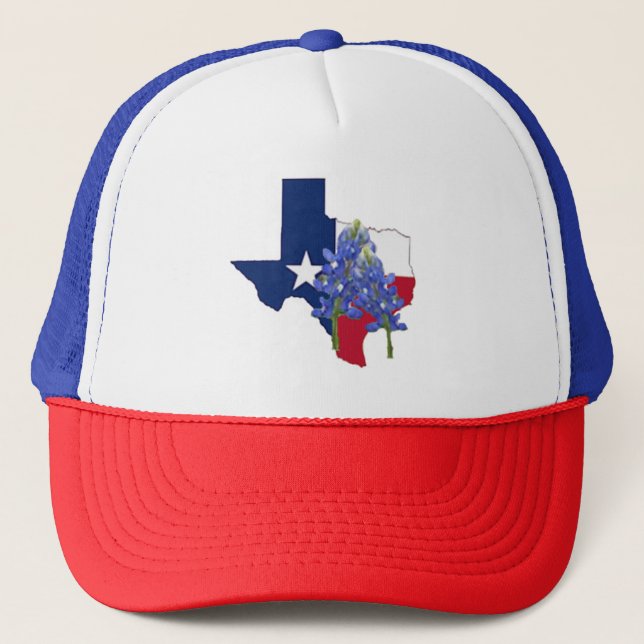 Texas State Shape Flag and Bluebonnets Trucker Hat (Front)