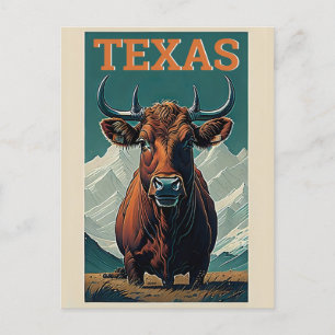 Texas Stylised Vintage Bull Retro Travel Postcard