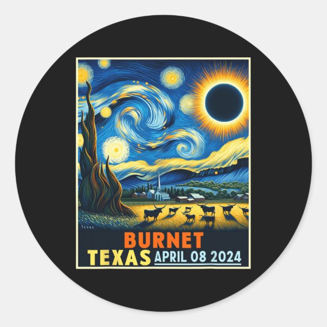 Texas Total Solar Eclipse 2024 Starry Night  Classic Round Sticker (Front)