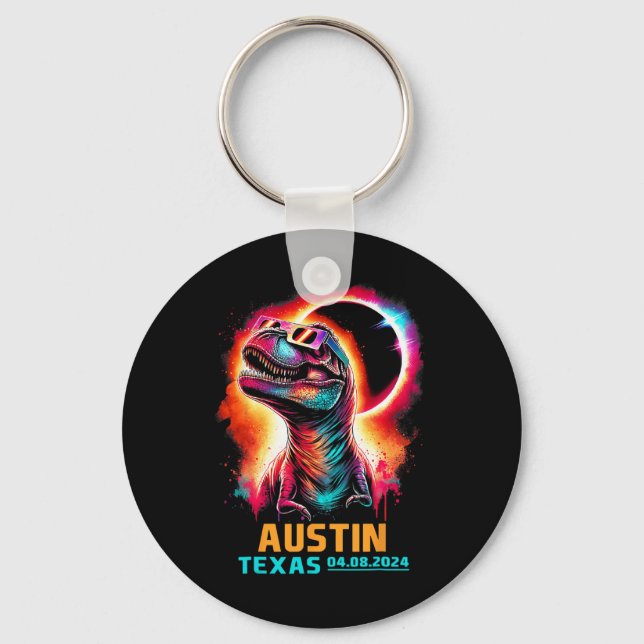Texas Total Solar Eclipse 2024 T Rex Dinosaur  Key Ring (Front)