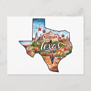 Texas USA State Shaped Vintage Watercolor Postcard