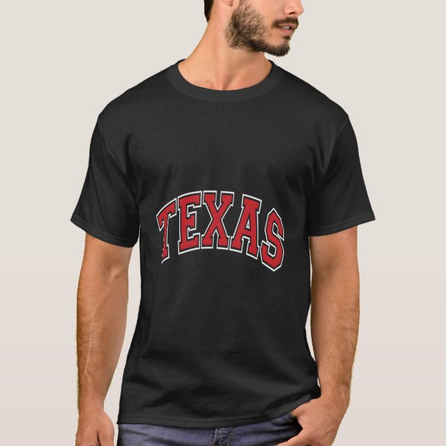 Texas Varsity Style Red Text T-Shirt (Front)