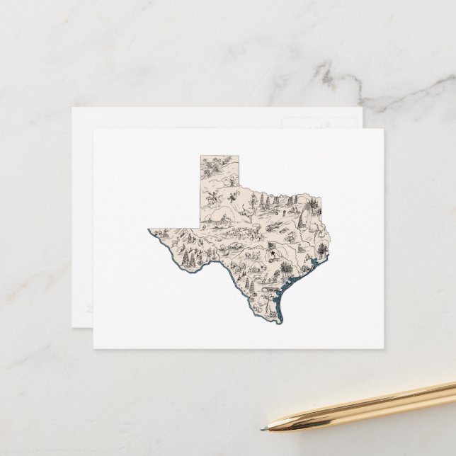 Texas Vintage Picture Map Antique State Chart Postcard (Front/Back In Situ)