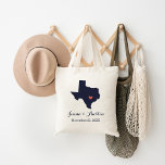 Texas Wedding Welcome Tote Bag<br><div class="desc">Welcome out of town wedding guests with a bag full of snacks and treats personalised with the state where you're getting married and the bride and groom's names and wedding date. Click Customise It to move the heart to show any city or location on the state map. Use the design...</div>