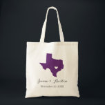 Texas Wedding Welcome Tote Bag<br><div class="desc">Welcome out of town wedding guests with a bag full of snacks and treats personalised with the state where you're getting married and the bride and groom's names and wedding date. Click Customise It to move the heart to show any city or location on the state map. Use the design...</div>