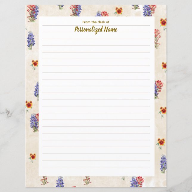 Texas Wildflower Lined Paper Sheet (Front)