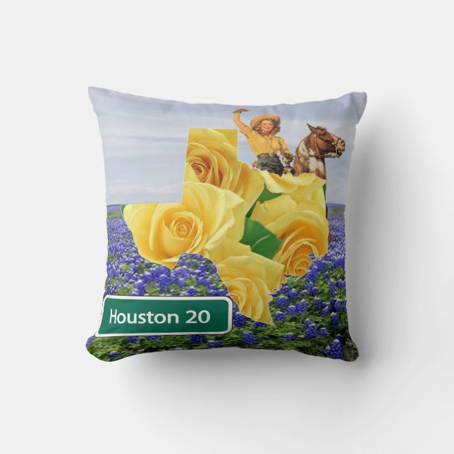 Texas Yellow Rose And Bluebonnets Cowgirl Houston Cushion (Front)