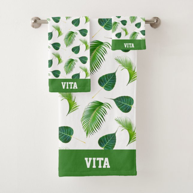 Text and Green Leaves on White  Bath Towel Se (Insitu)