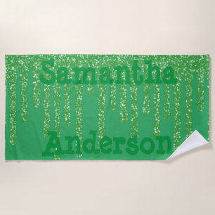 Text And Sparkly Wax Drips Green Personalised  Beach Towel