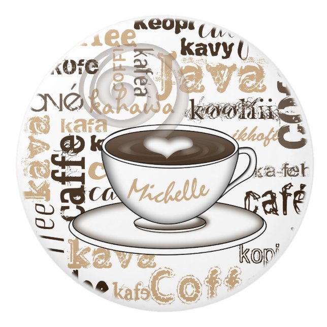 Text Art Coffee Cup Pattern Name Ceramic Knob (Front)